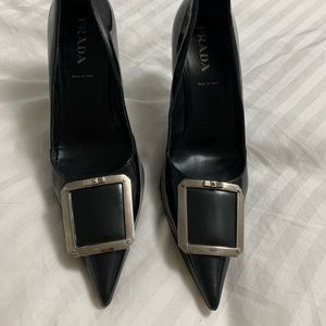 Authentic Prada Metallic Patent Pointed Toe Buckle heels